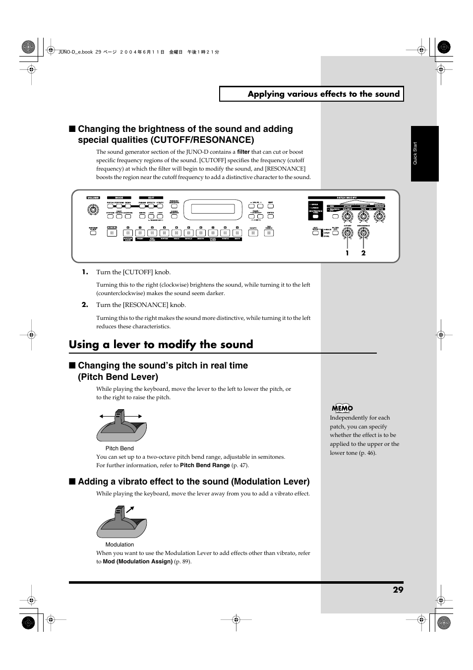 Using a lever to modify the sound, Changes the tone’s cutoff frequency value (p. 29), Changes the tone’s resonance value (p. 29) | Roland JUNO-D User Manual | Page 29 / 132