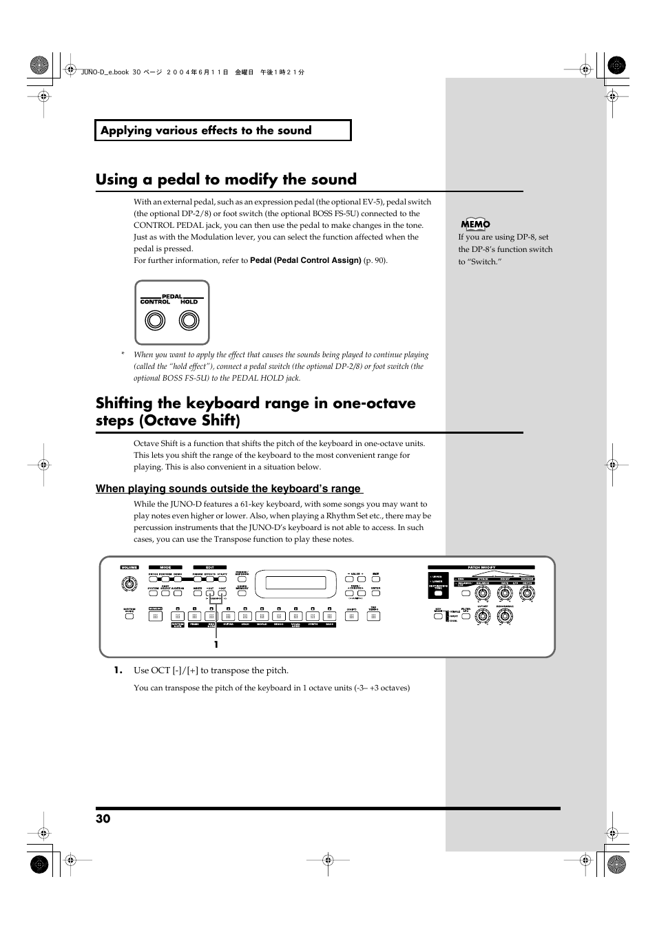Using a pedal to modify the sound, In octave steps (maximum +/-3 octaves) (p. 30) | Roland JUNO-D User Manual | Page 30 / 132