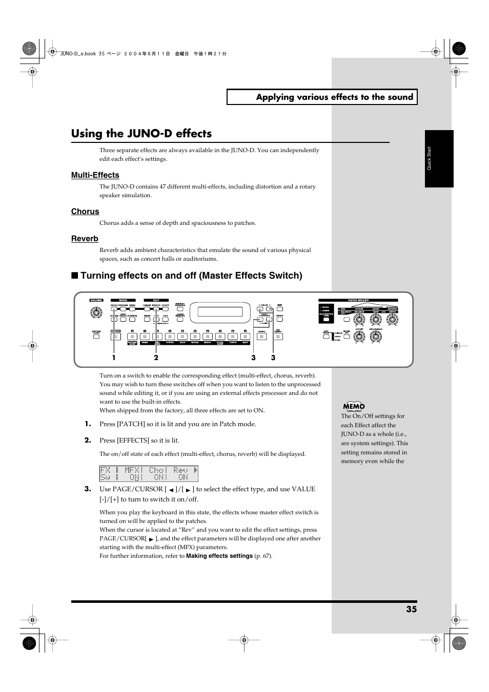 Using the juno-d effects, Turning effects on and off (master effects switch) | Roland JUNO-D User Manual | Page 35 / 132