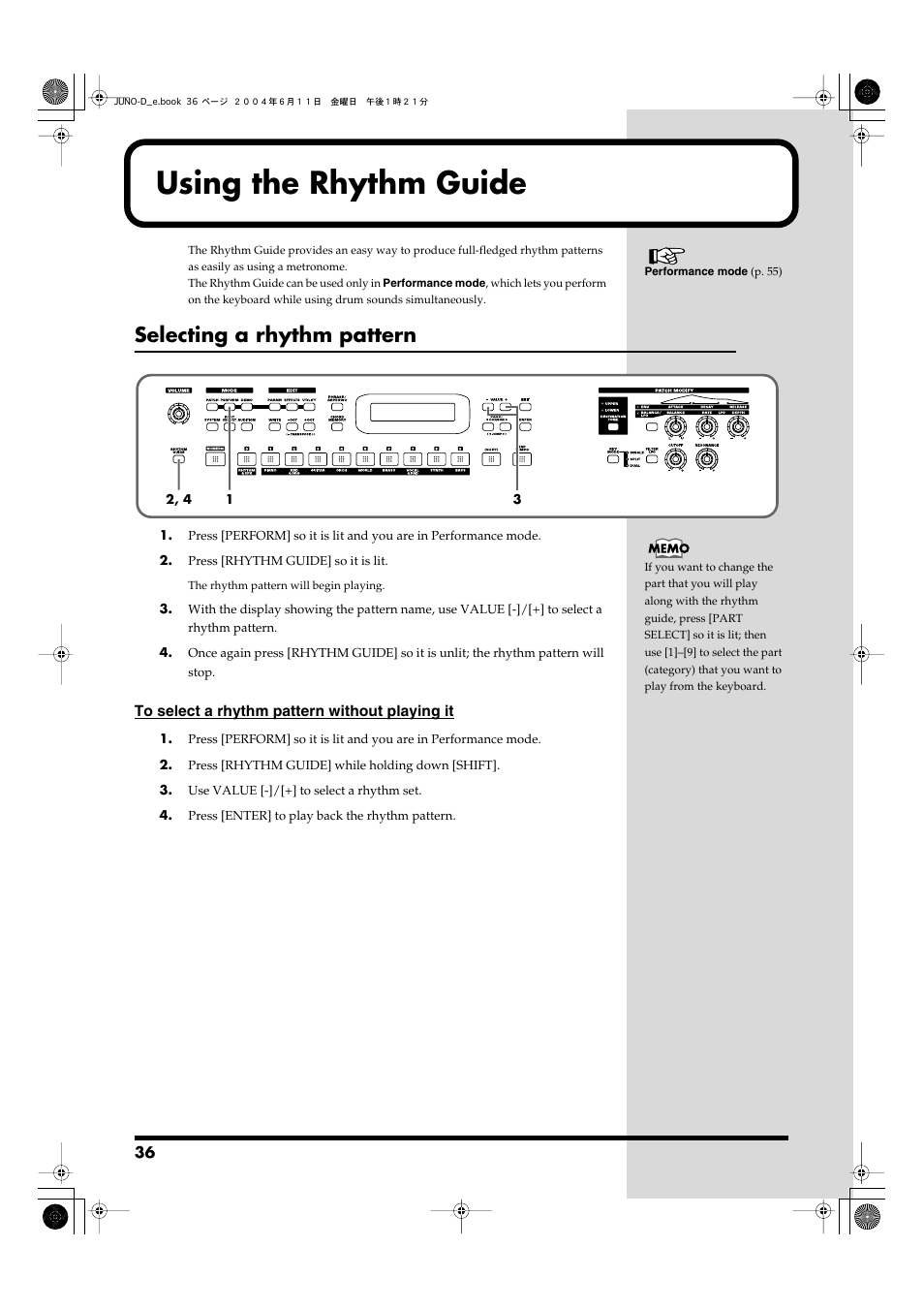 Using the rhythm guide, Selecting a rhythm pattern, Switches rhythm guide function on/off (p. 36) | Roland JUNO-D User Manual | Page 36 / 132