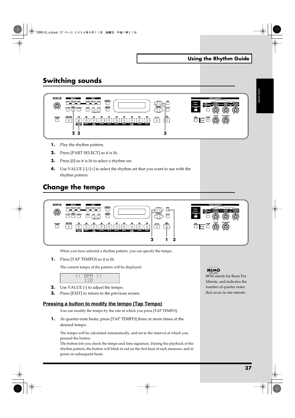 Switching sounds, Change the tempo, Desired (p. 37) | Roland JUNO-D User Manual | Page 37 / 132