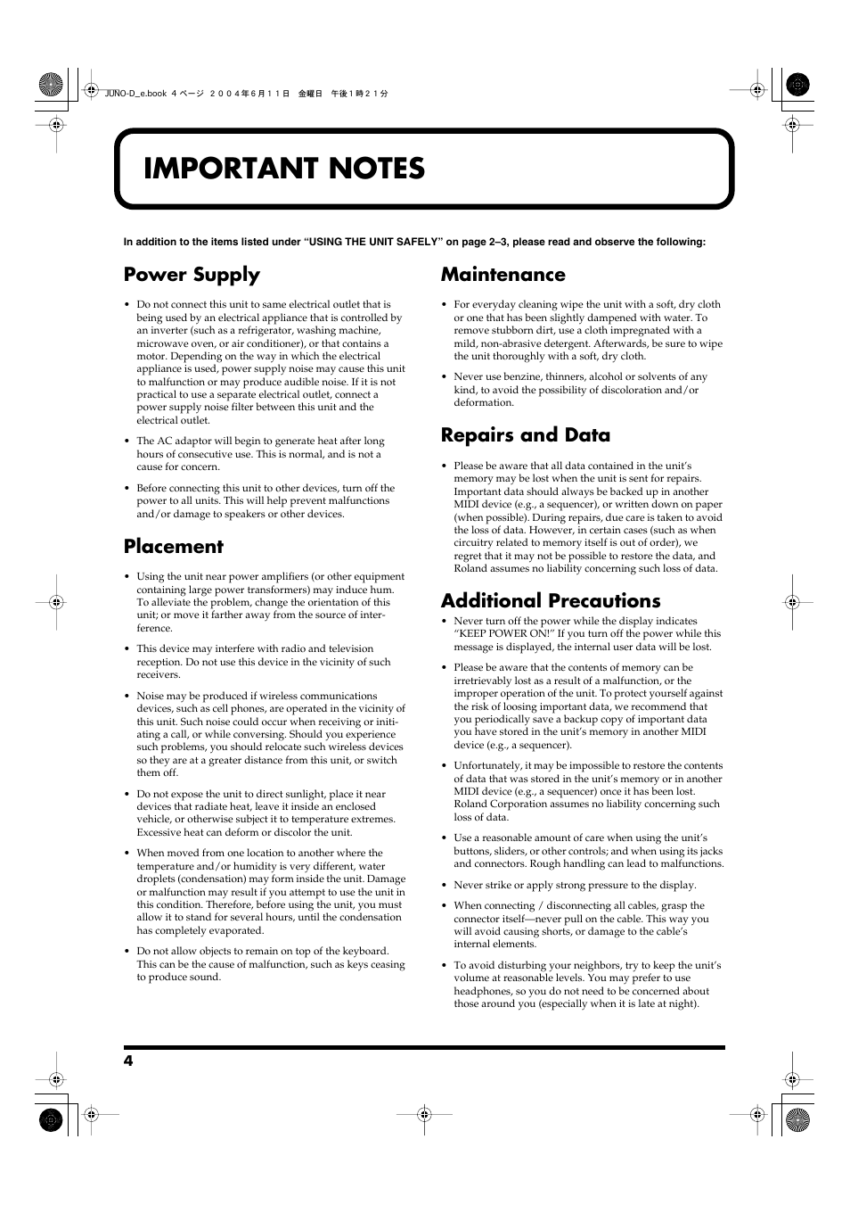 Power supply, Placement, Maintenance | Repairs and data, Additional precautions | Roland JUNO-D User Manual | Page 4 / 132