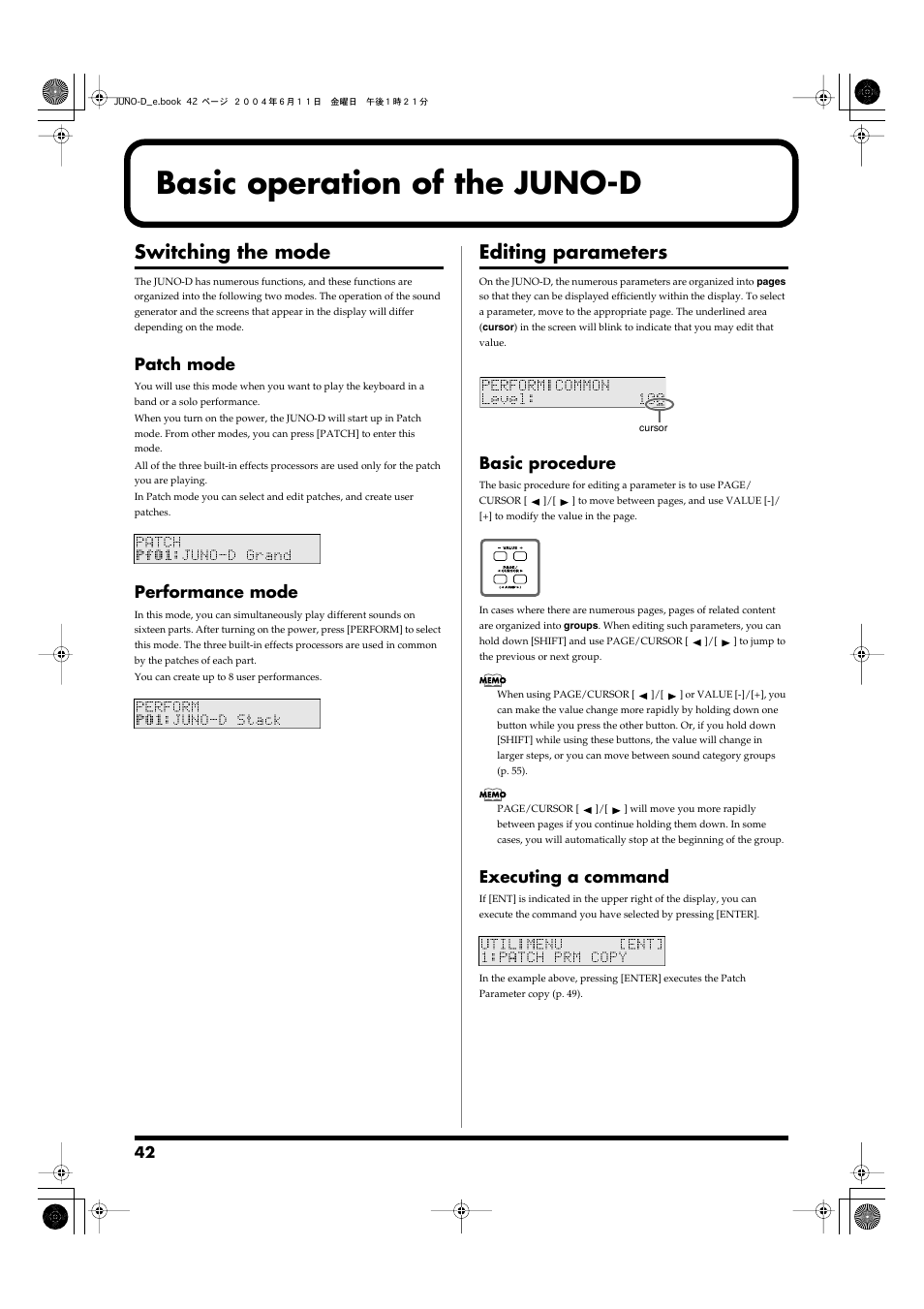 Basic operation of the juno-d, Switching the mode, Patch mode | Performance mode, Editing parameters, Basic procedure, Executing a command, Patch mode performance mode, Basic procedure executing a command, Switches the juno-d into the patch mode (p. 42) | Roland JUNO-D User Manual | Page 42 / 132