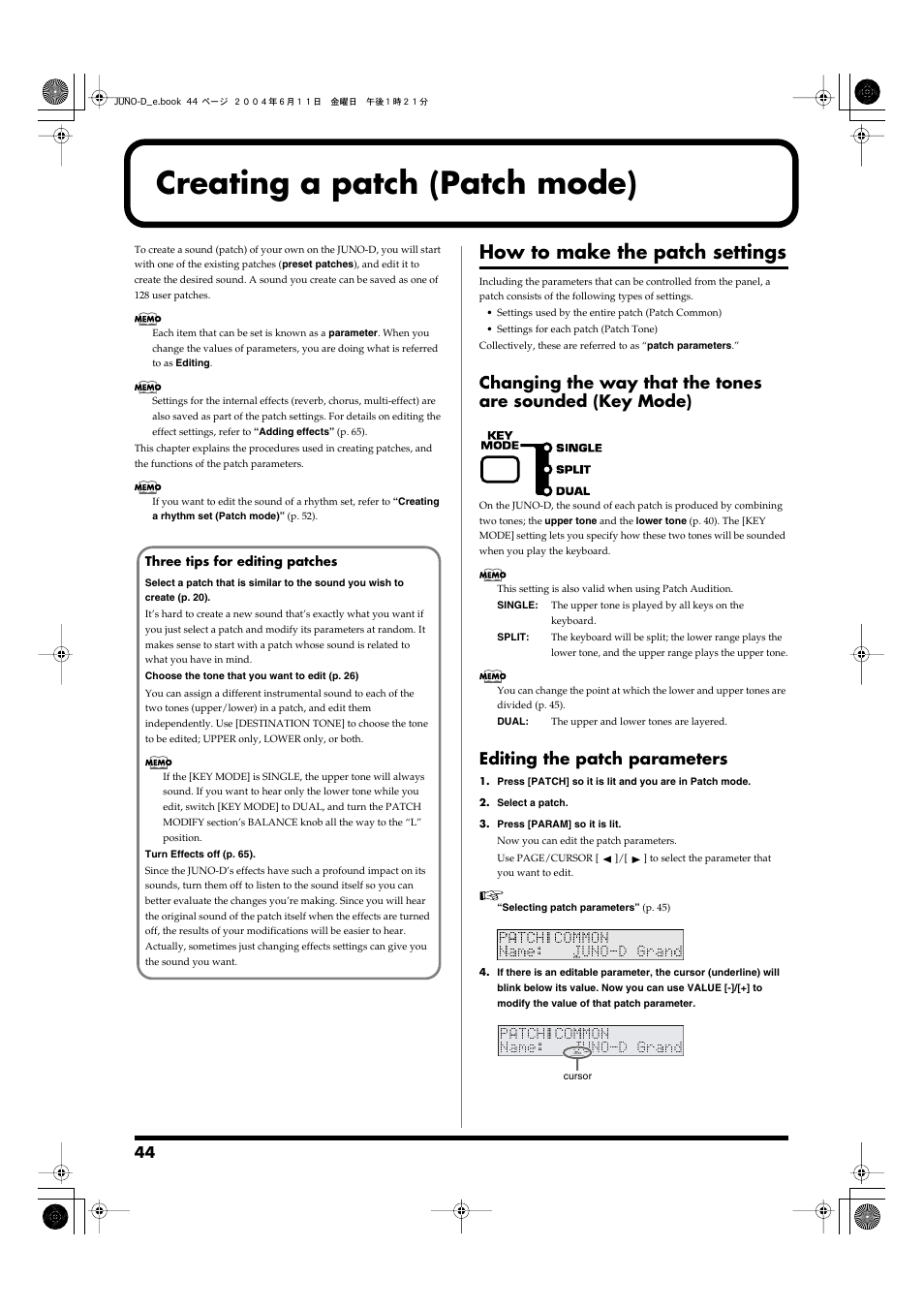 Creating a patch (patch mode), How to make the patch settings, Editing the patch parameters | Switches the key modes (p. 44) | Roland JUNO-D User Manual | Page 44 / 132
