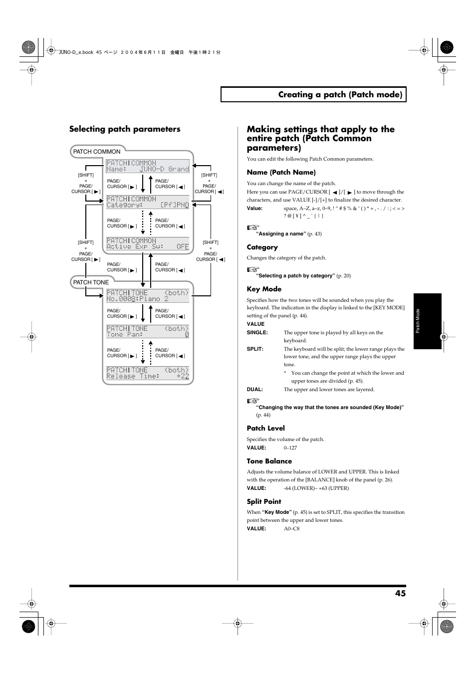 Per tones (p. 45), Divided (p. 45), Selecting patch parameters | P. 45), 45 creating a patch (patch mode) | Roland JUNO-D User Manual | Page 45 / 132