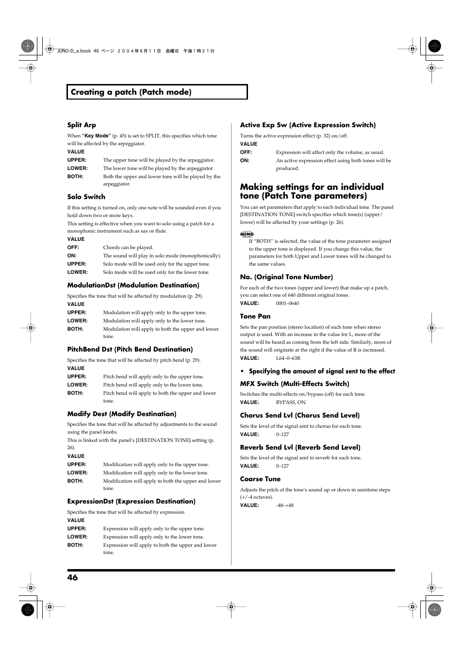 Lower tone (p. 46), Pan (p. 46), Chorus send level (p. 46) | Reverb send level (p. 46), Independently for each of the two tones (p. 46), 46 creating a patch (patch mode) | Roland JUNO-D User Manual | Page 46 / 132