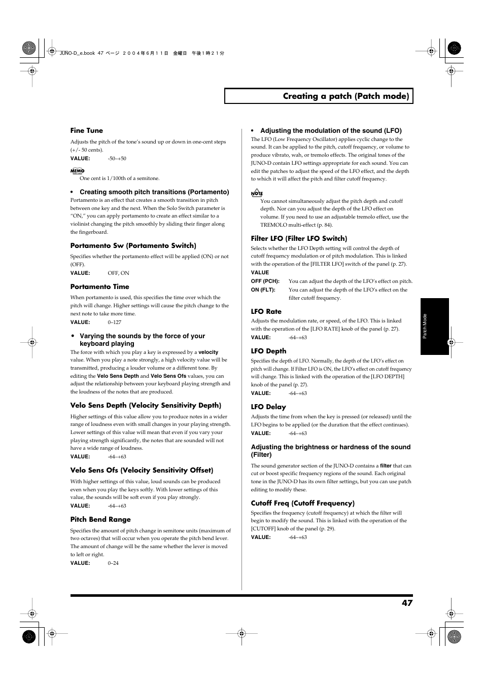 Pitch bend range, P. 47), Portamento time (p. 47) | Portamento switch (p. 47), Tone filter cutoff (p. 47), Tone lfo rate (p. 47), Tone lfo depth (p. 47), Tone lfo delay (p. 47), 47 creating a patch (patch mode) | Roland JUNO-D User Manual | Page 47 / 132