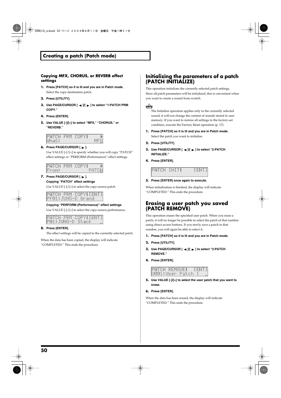 Erasing a user patch you saved (patch remove), 50 creating a patch (patch mode) | Roland JUNO-D User Manual | Page 50 / 132
