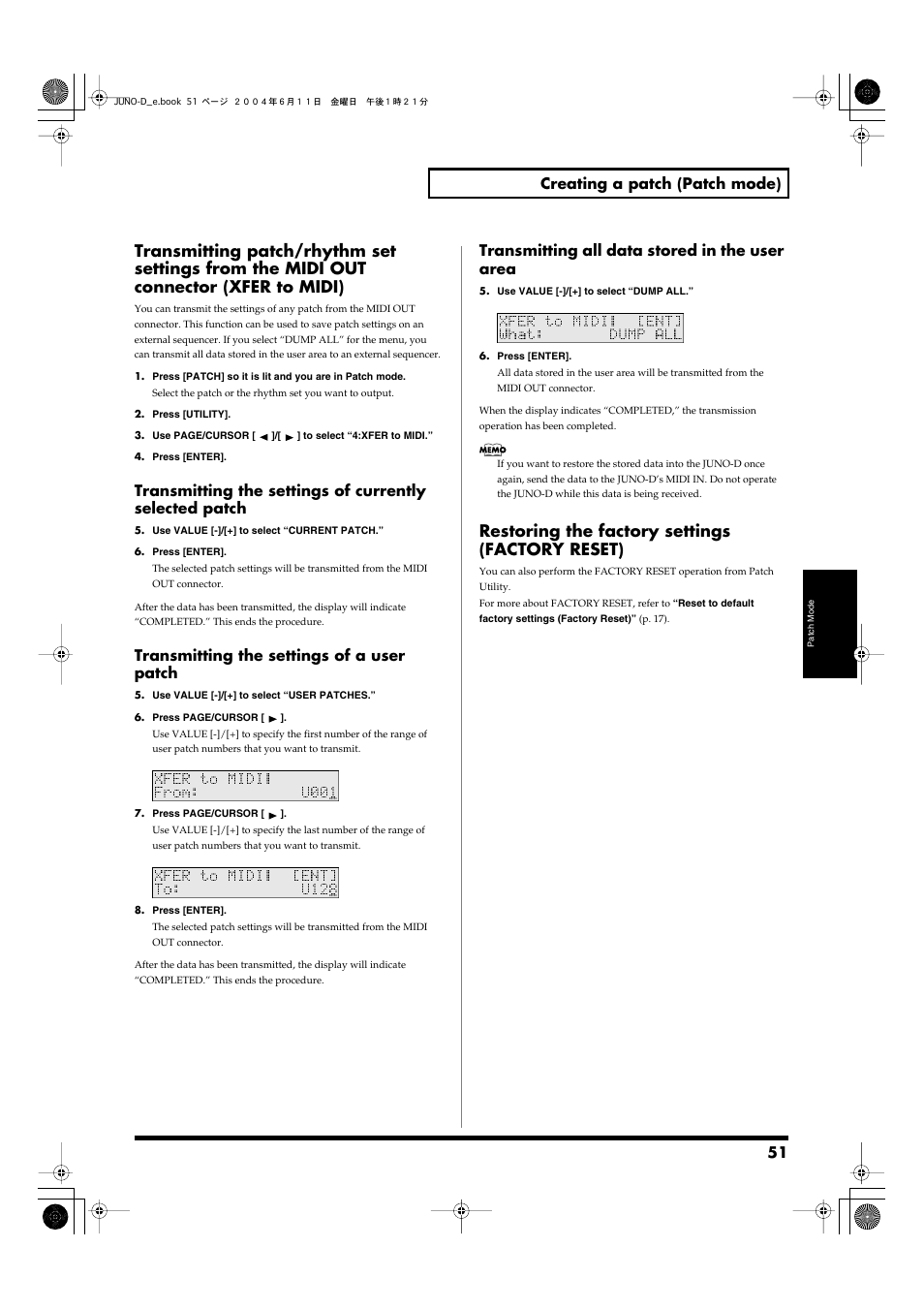 Restoring the factory settings (factory reset), 51 creating a patch (patch mode), Transmitting the settings of a user patch | Transmitting all data stored in the user area | Roland JUNO-D User Manual | Page 51 / 132