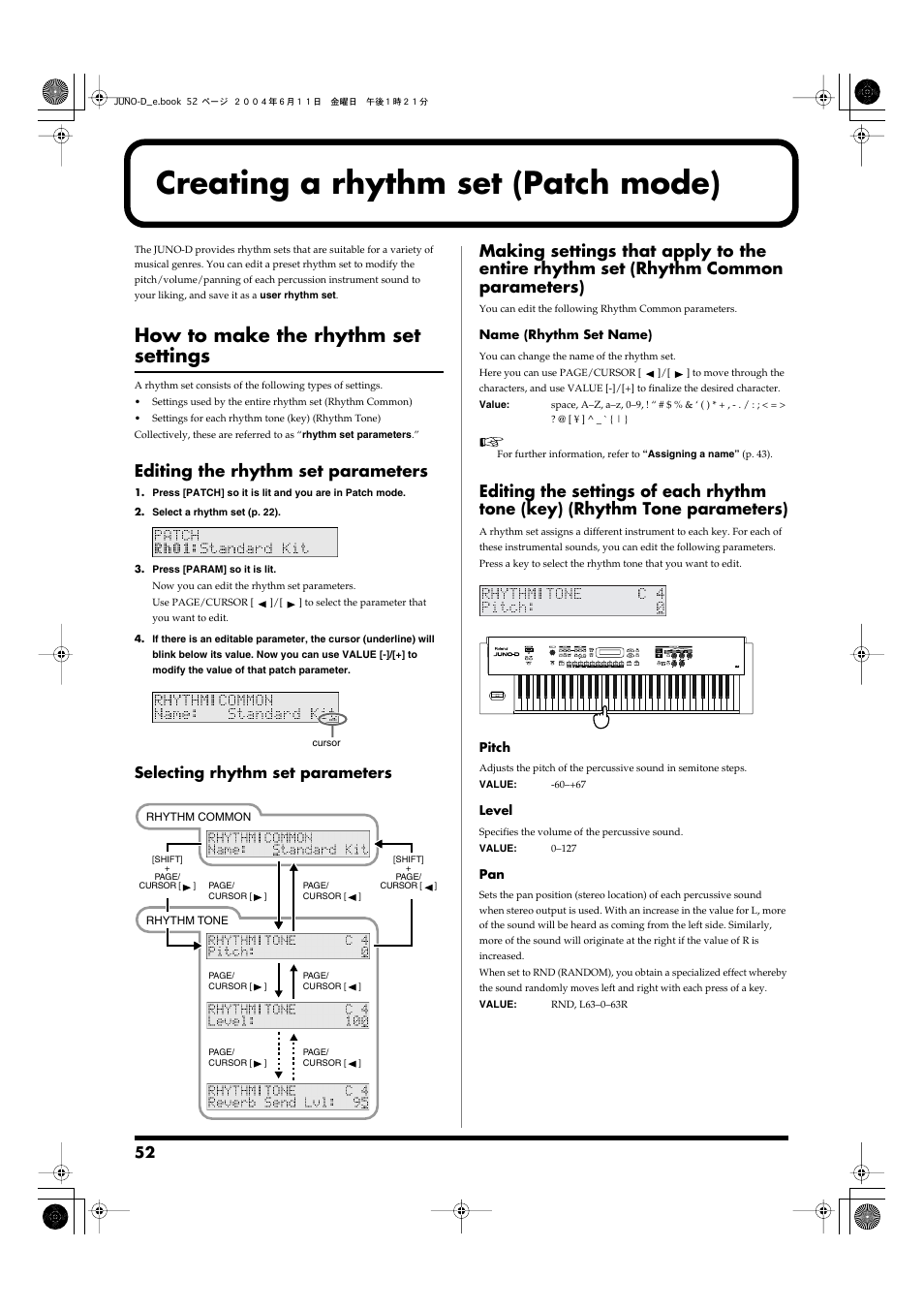 Creating a rhythm set (patch mode), How to make the rhythm set settings, Editing the rhythm set parameters | Creating, A rhythm set (patch mode), P. 52), Selecting rhythm set parameters | Roland JUNO-D User Manual | Page 52 / 132