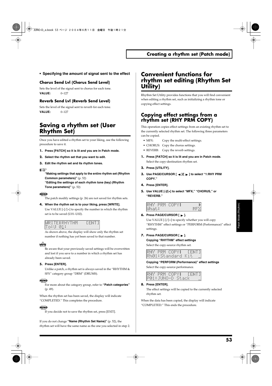 Saving a rhythm set (user rhythm set), 53 creating a rhythm set (patch mode) | Roland JUNO-D User Manual | Page 53 / 132