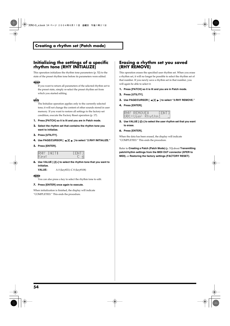 Erasing a rhythm set you saved (rhy remove), 54 creating a rhythm set (patch mode) | Roland JUNO-D User Manual | Page 54 / 132