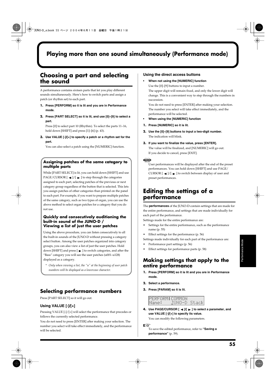 Choosing a part and selecting the sound, Selecting performance numbers, Editing the settings of a performance | Roland JUNO-D User Manual | Page 55 / 132