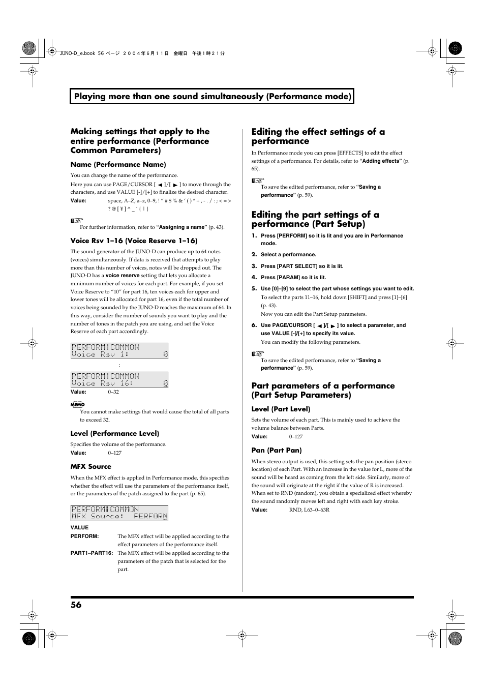 Editing the effect settings of a performance, Effect settings for the performance (p. 56), Performance part settings (p. 56) | Roland JUNO-D User Manual | Page 56 / 132