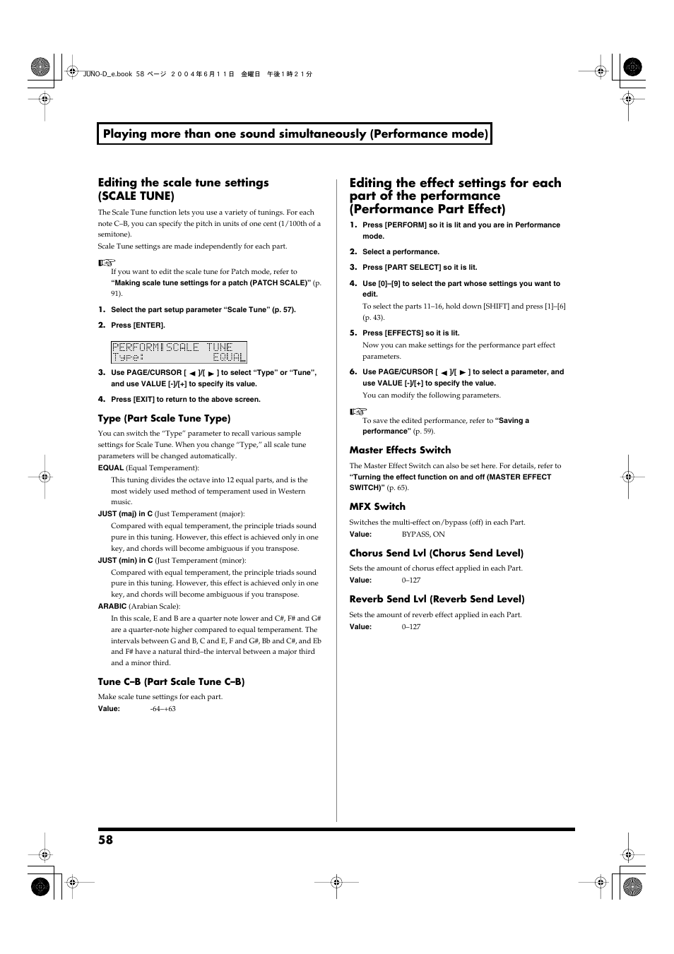 Effect settings for performance parts (p. 58), Editing the scale tune settings (scale tune), P. 58) | Roland JUNO-D User Manual | Page 58 / 132