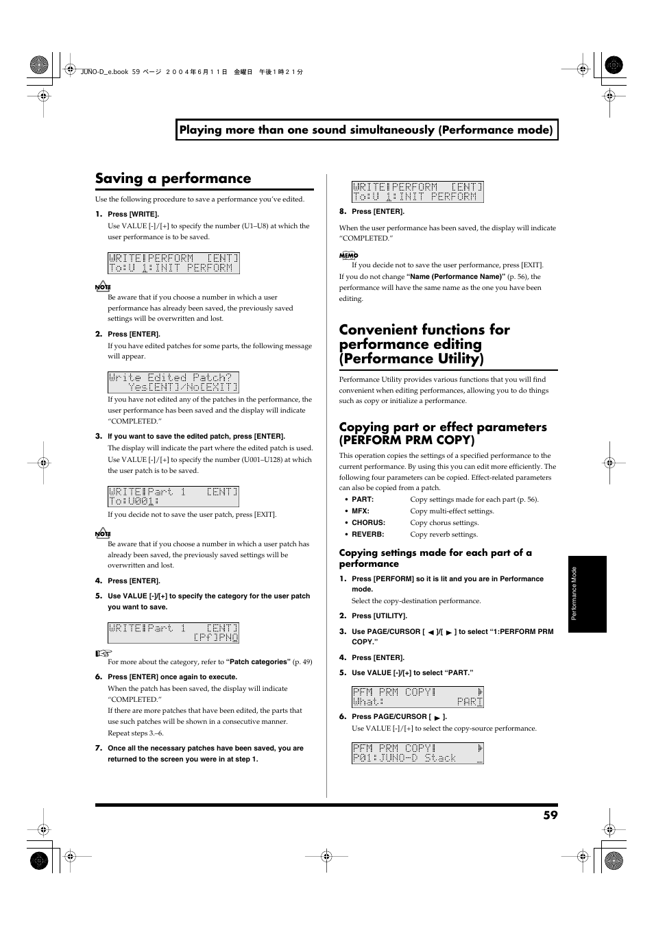 Saving a performance, Saving a, Performance | P. 59) | Roland JUNO-D User Manual | Page 59 / 132