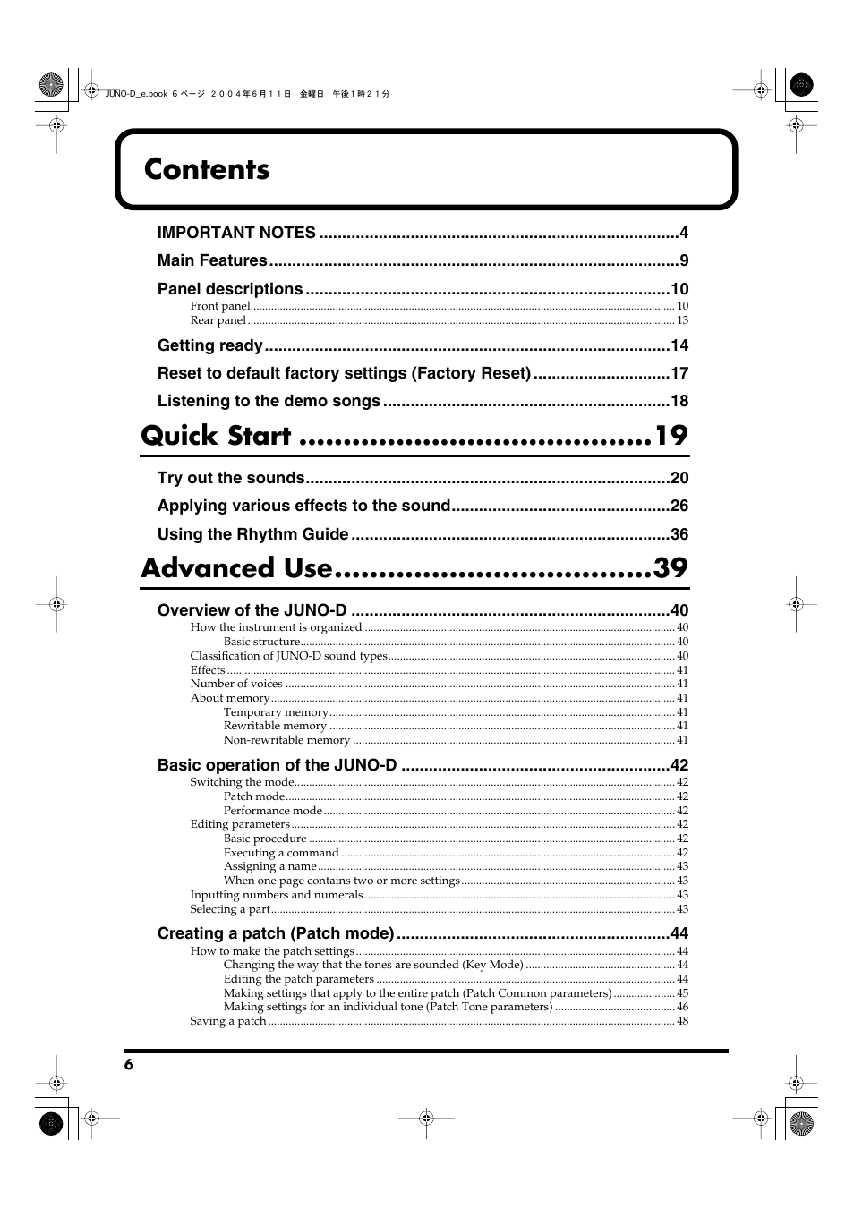 Roland JUNO-D User Manual | Page 6 / 132