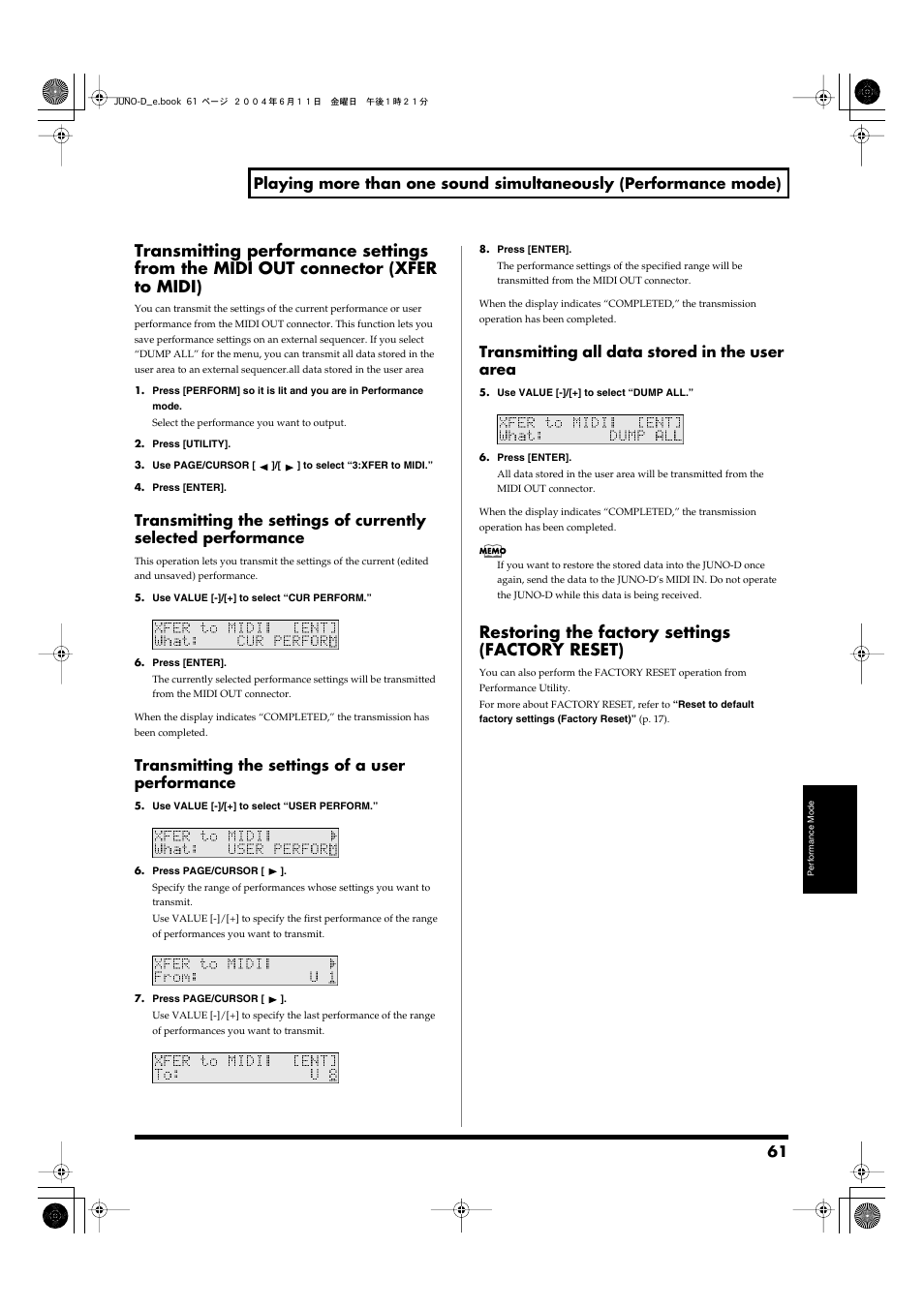 Restoring the factory settings (factory reset), Transmitting the settings of a user performance, Transmitting all data stored in the user area | Roland JUNO-D User Manual | Page 61 / 132