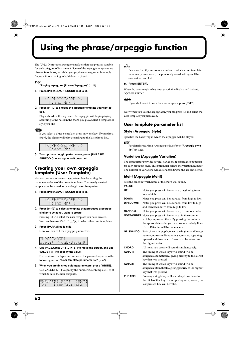 Using the phrase/arpeggio function, One key, without pressing a chord (p. 62), User template parameter list | Roland JUNO-D User Manual | Page 62 / 132