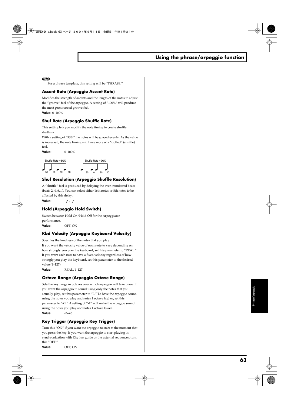 63 using the phrase/arpeggio function | Roland JUNO-D User Manual | Page 63 / 132