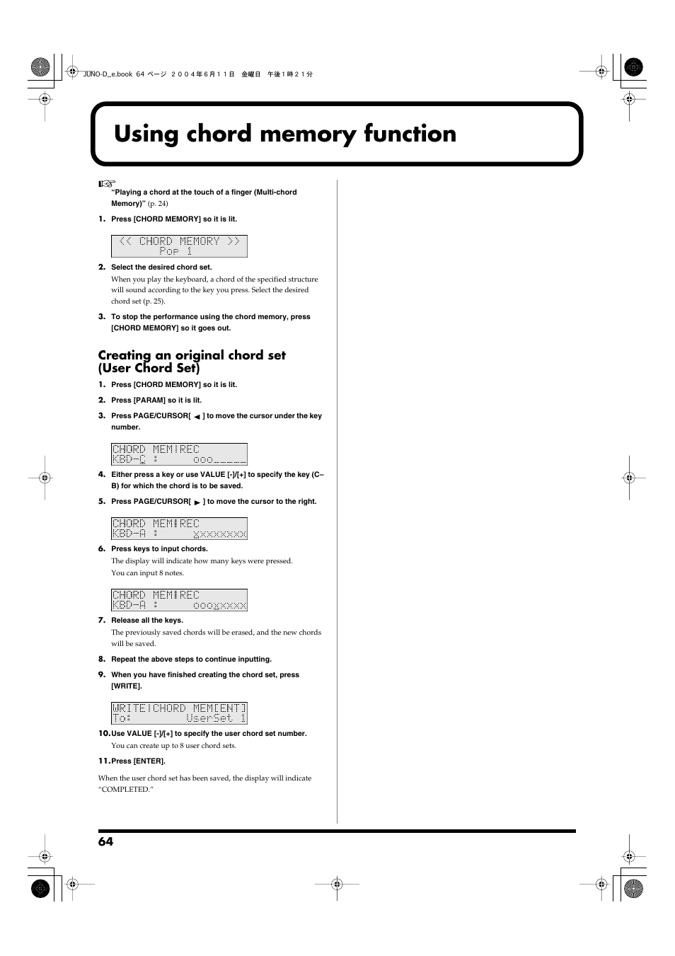 Using chord memory function, Creating an original chord set (user chord set) | Roland JUNO-D User Manual | Page 64 / 132