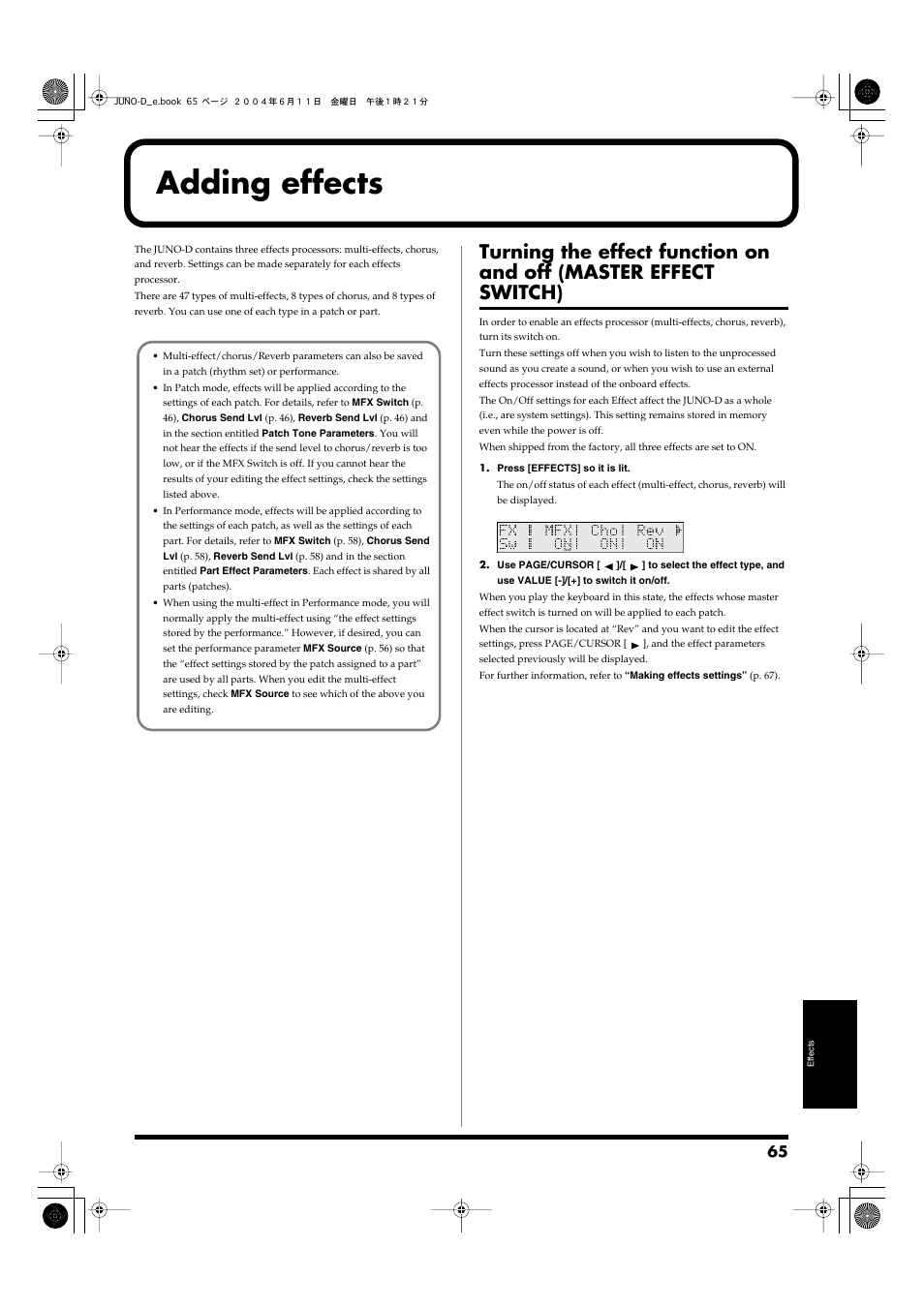 Adding effects, Effect settings, refer to, P. 65) | Turn effects off (p. 65), Switch) | Roland JUNO-D User Manual | Page 65 / 132