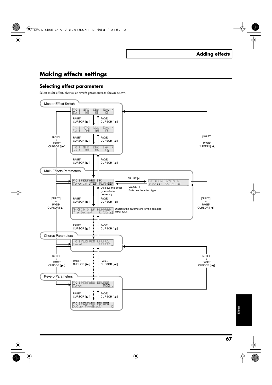 Making effects settings, P. 67), 67 adding effects | Selecting effect parameters | Roland JUNO-D User Manual | Page 67 / 132