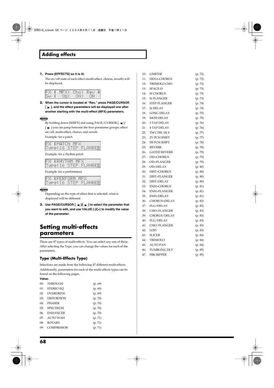 Setting multi-effects parameters, 68 adding effects | Roland JUNO-D User Manual | Page 68 / 132