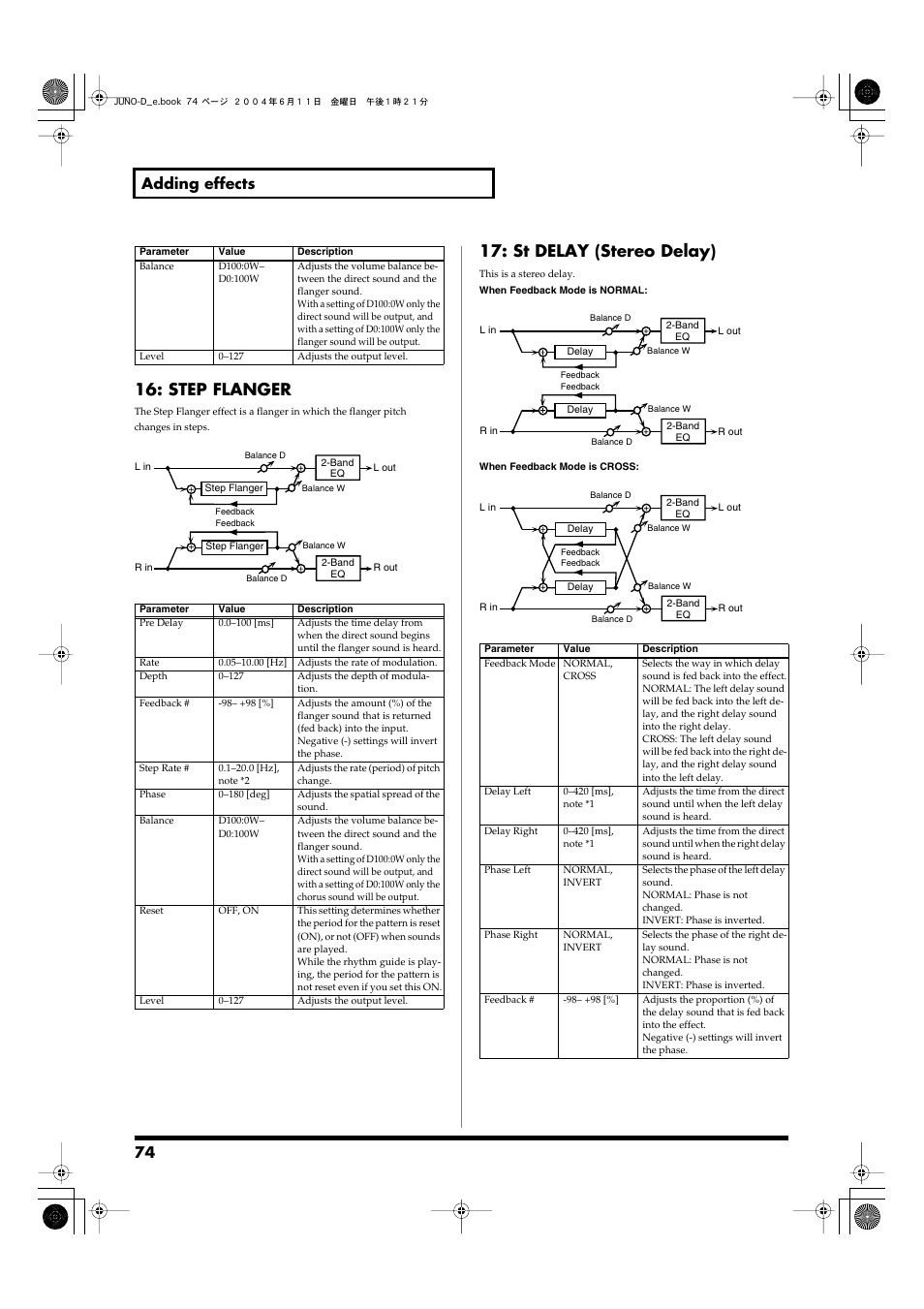 P. 74), Step flanger, St delay (stereo delay) | 74 adding effects | Roland JUNO-D User Manual | Page 74 / 132