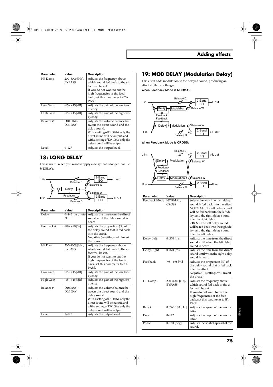 P. 75), Long delay, Mod delay (modulation delay) | 75 adding effects | Roland JUNO-D User Manual | Page 75 / 132