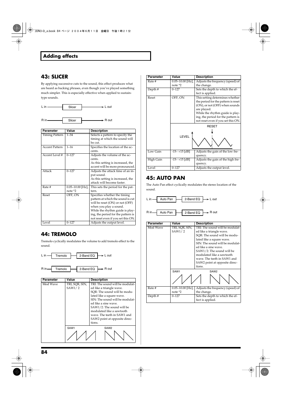 Tremolo multi-effect (p. 84), P. 84), Slicer | Tremolo, Auto pan, 84 adding effects | Roland JUNO-D User Manual | Page 84 / 132