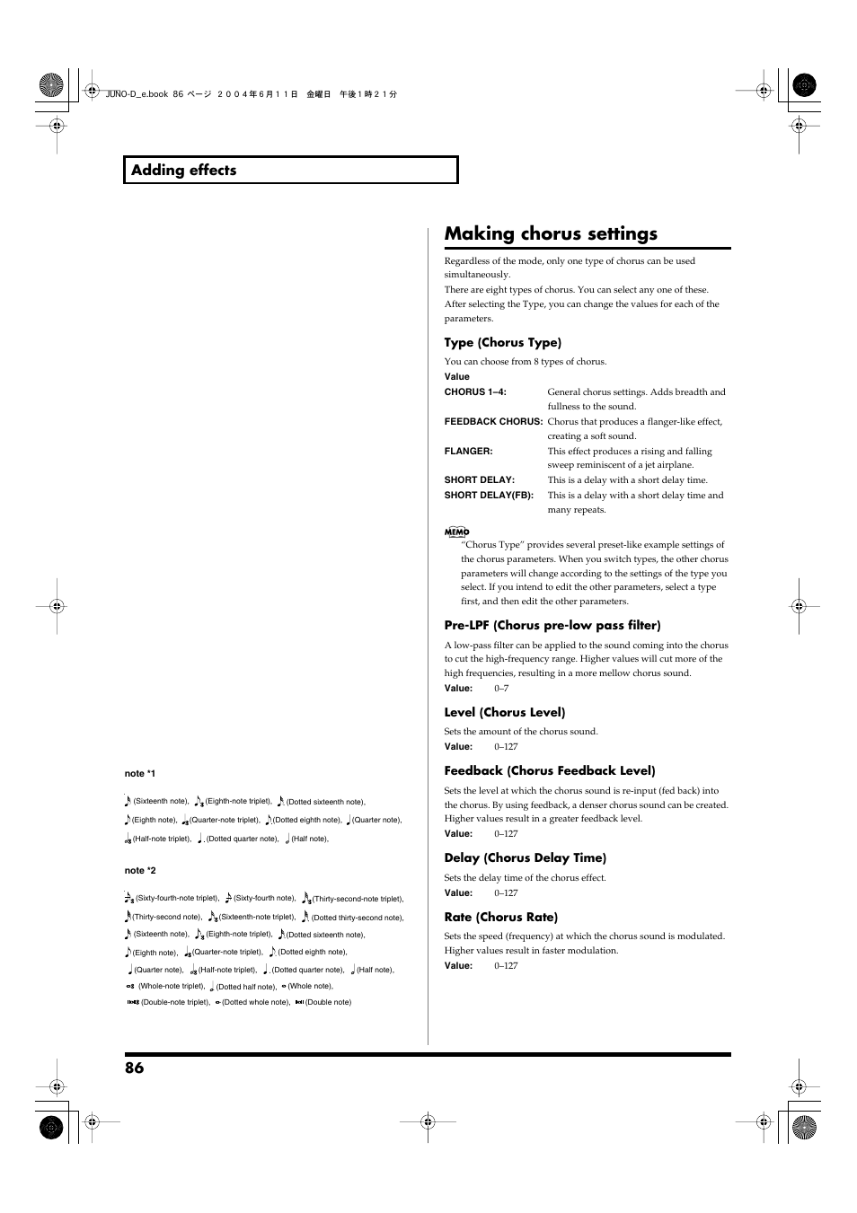 Making chorus settings, 86 adding effects | Roland JUNO-D User Manual | Page 86 / 132