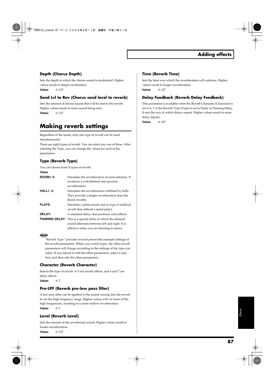 Making reverb settings, 87 adding effects | Roland JUNO-D User Manual | Page 87 / 132