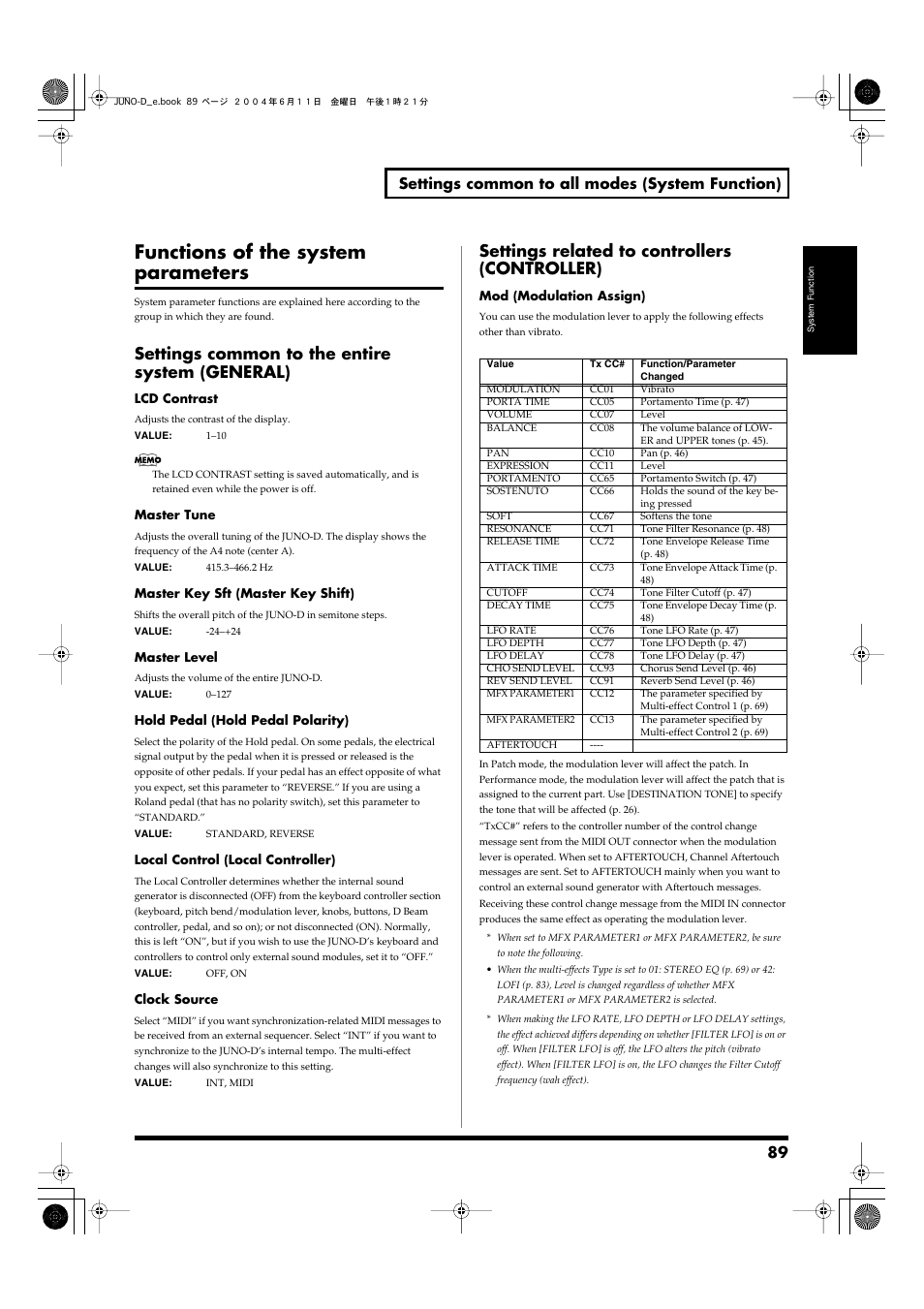 Functions of the system parameters, Settings common to the entire system (general), Settings related to controllers (controller) | Mod (modulation assign), P. 89), Make settings common to the entire system (p. 89), Make controller-related settings (p. 89), 89 settings common to all modes (system function) | Roland JUNO-D User Manual | Page 89 / 132