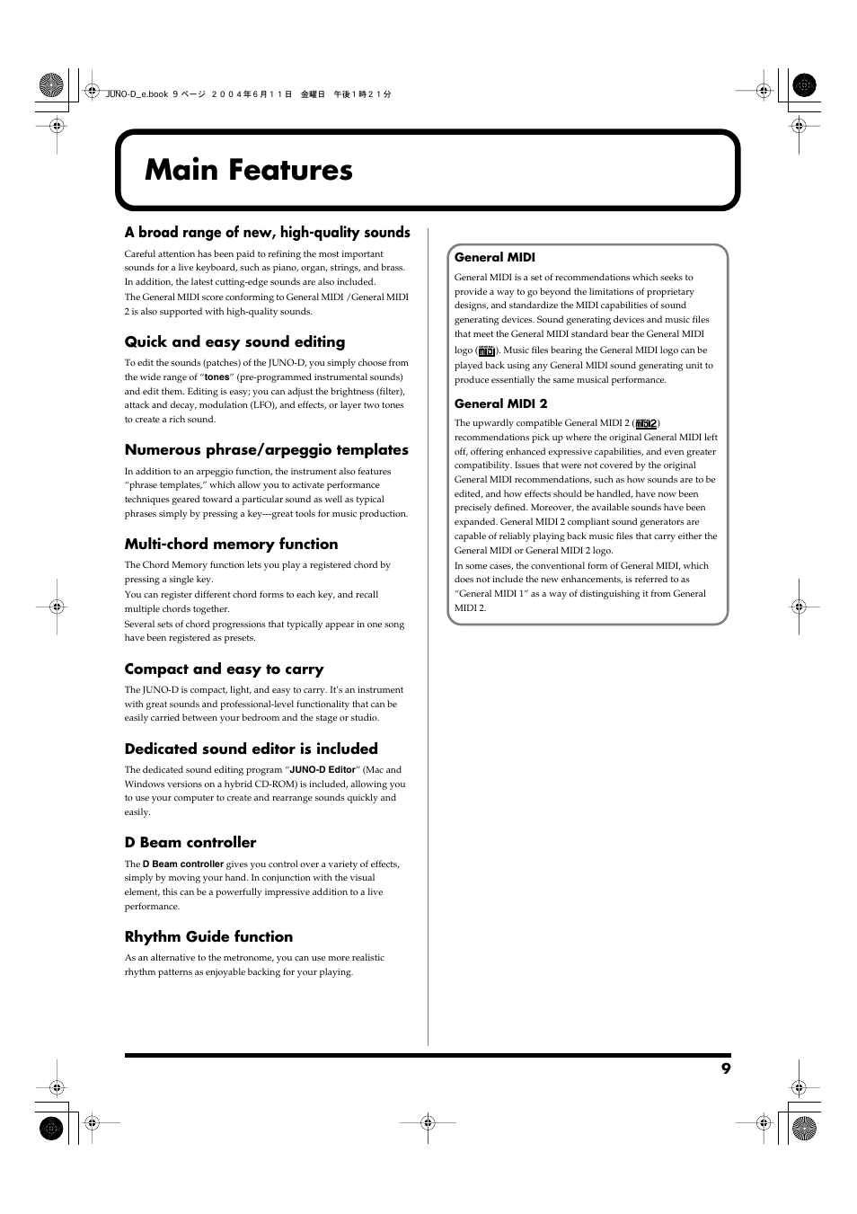 Main features | Roland JUNO-D User Manual | Page 9 / 132