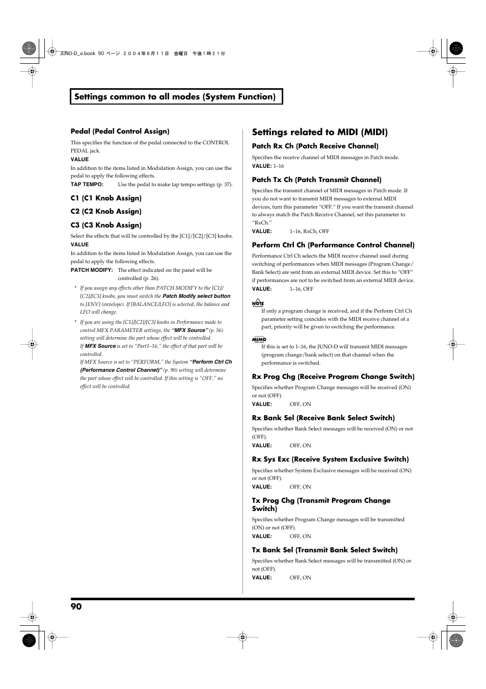 Settings related to midi (midi), Make midi-related settings (p. 90), 90 settings common to all modes (system function) | Roland JUNO-D User Manual | Page 90 / 132
