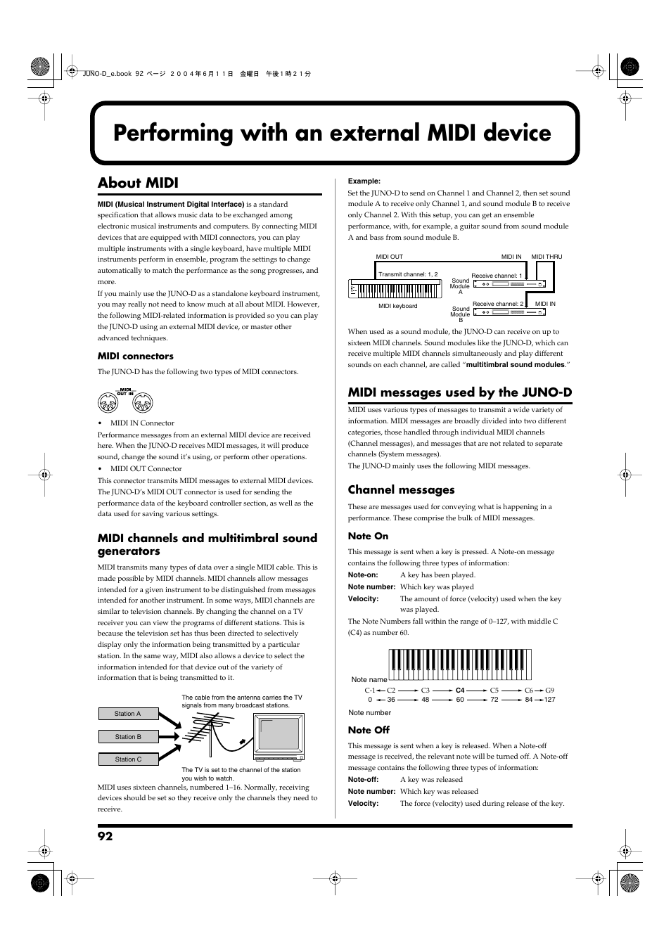 Performing with an external midi device, About midi, Midi messages used by the juno-d | About midi midi messages used by the juno-d, Midi channels and multitimbral sound generators, Channel messages | Roland JUNO-D User Manual | Page 92 / 132