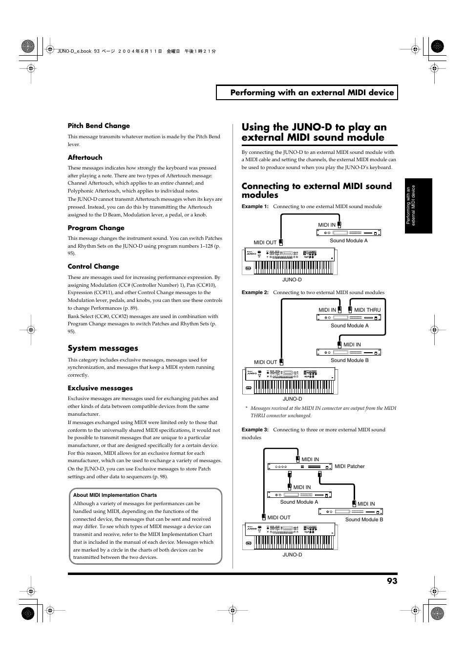 Connecting to external midi sound modules, P. 93), 93 performing with an external midi device | System messages | Roland JUNO-D User Manual | Page 93 / 132
