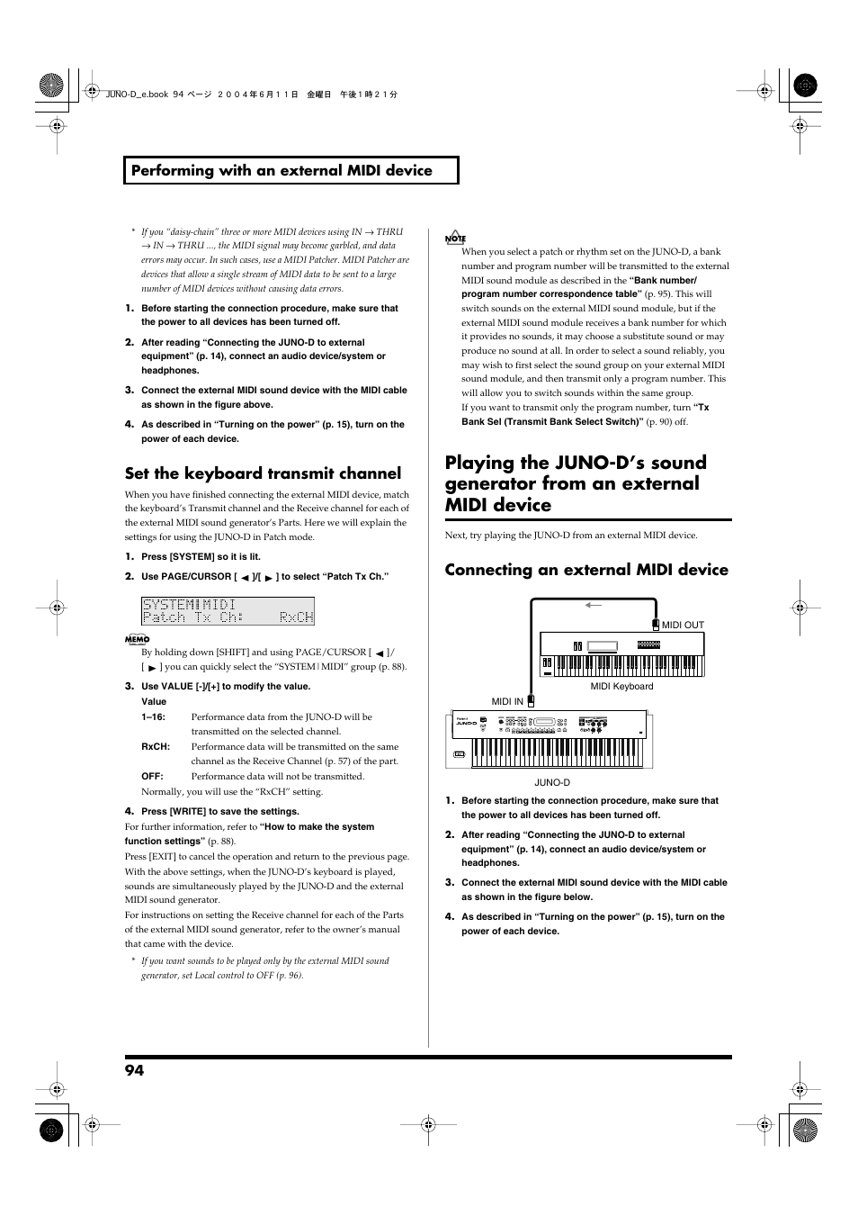 Set the keyboard transmit channel, Connecting an external midi device, P. 94) | 94 performing with an external midi device | Roland JUNO-D User Manual | Page 94 / 132