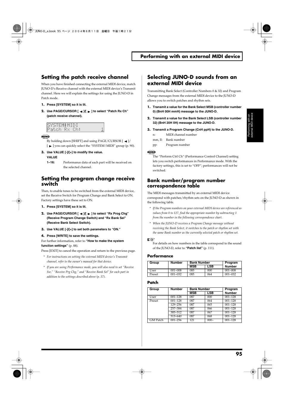 Setting the patch receive channel, Setting the program change receive switch, Bank number | Program number correspondence table, P. 95). this will, 95 performing with an external midi device, Bank number/program number correspondence table | Roland JUNO-D User Manual | Page 95 / 132