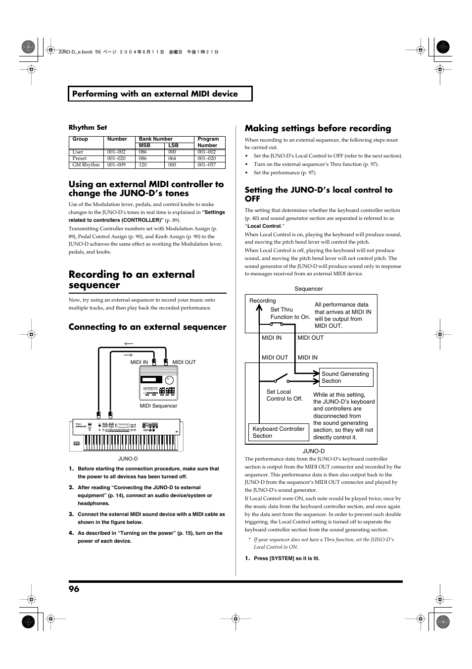 Recording to an external sequencer, Connecting to an external sequencer, Making settings before recording | P. 96), Generator, set local control to off (p. 96), 96 performing with an external midi device, Setting the juno-d’s local control to off | Roland JUNO-D User Manual | Page 96 / 132