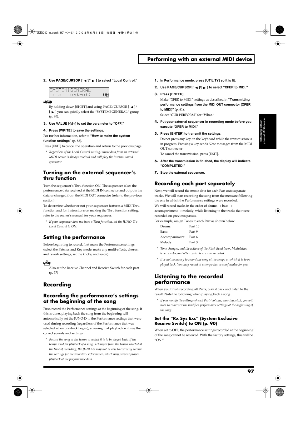 Recording, Listening to the recorded performance, Recording listening to the recorded performance | Set the performance (p. 97), 97 performing with an external midi device, Turning on the external sequencer’s thru function, Setting the performance, Recording each part separately | Roland JUNO-D User Manual | Page 97 / 132