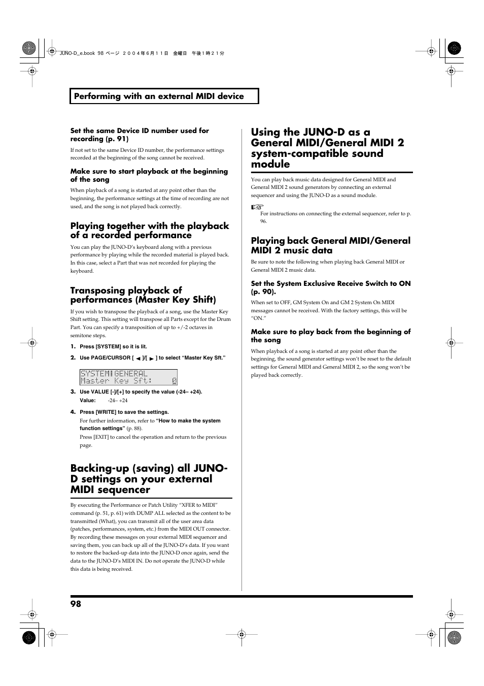 Settings and other data to sequencers (p. 98) | Roland JUNO-D User Manual | Page 98 / 132