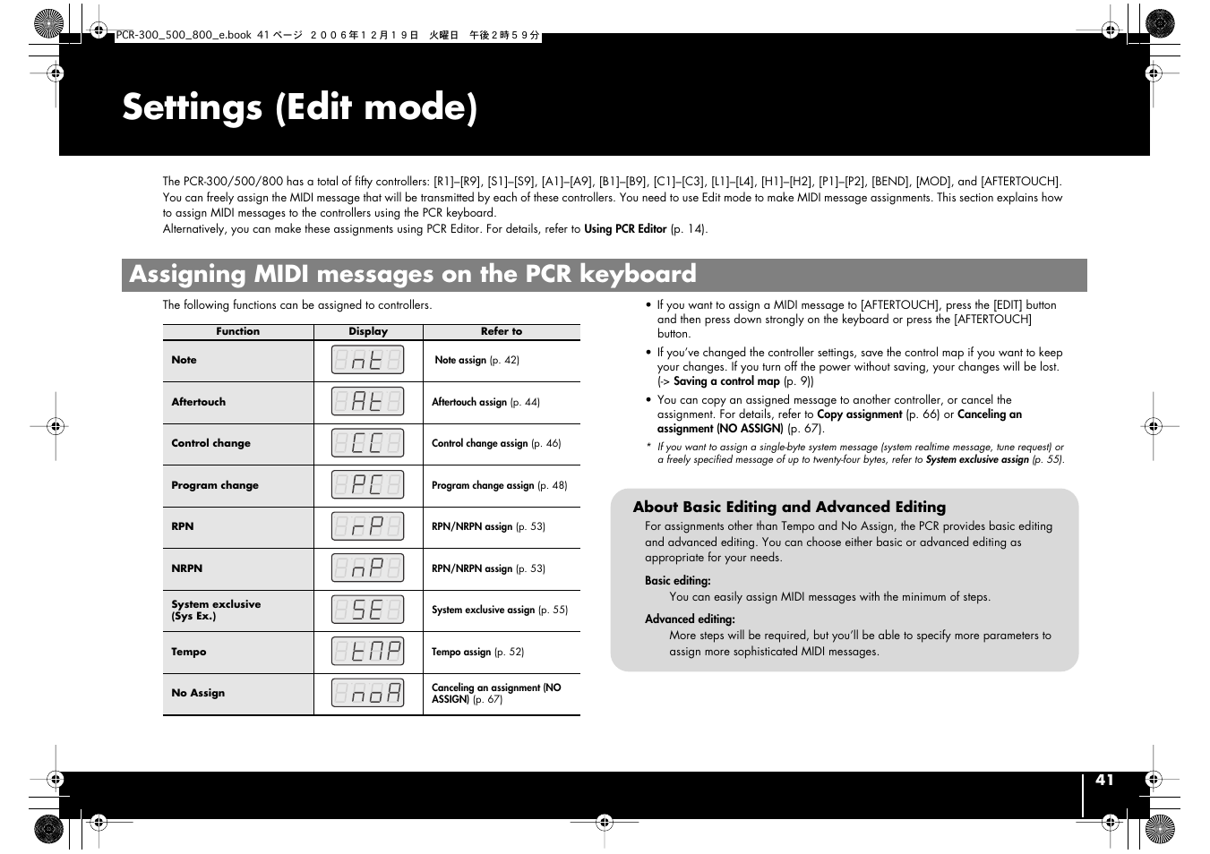 Settings (edit mode), Assigning midi messages on the pcr keyboard, P. 41)) | P. 41), Edit mode (p. 41) | Roland PCR-500 User Manual | Page 41 / 100