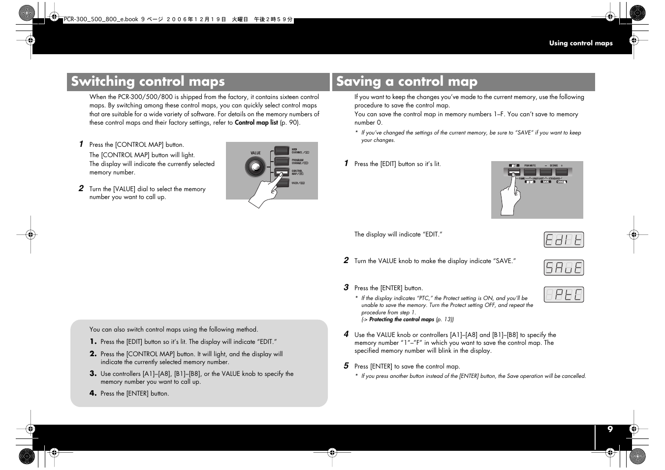 Switching control maps, Saving a control map, Switching control maps saving a control map | P. 9)), P. 9) | Roland PCR-500 User Manual | Page 9 / 100