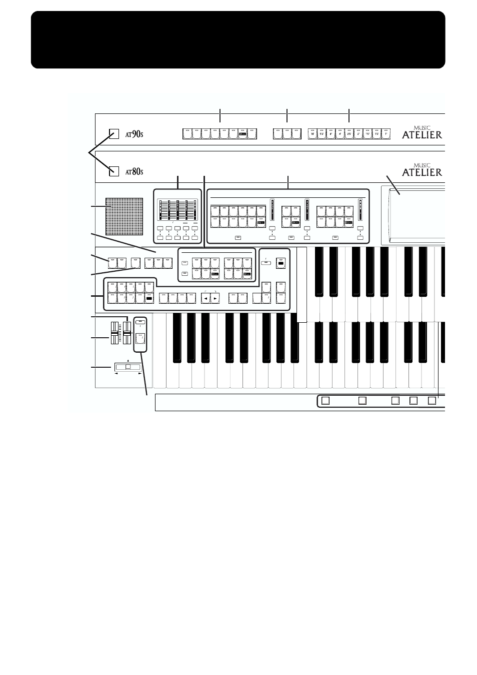 Panel descriptions, Power on] switch → p. 19, Panel speaker | Footage type buttons (at-90s only) → p. 45, Lower footage buttons (at-90s only) → p. 45, Upper footage buttons (at-90s only) → p. 45, Percussion buttons (at-90s only) → p. 45, Transpose [-] [+] buttons → p. 102, Touch screen → p. 24 | Roland AT90S User Manual | Page 16 / 236