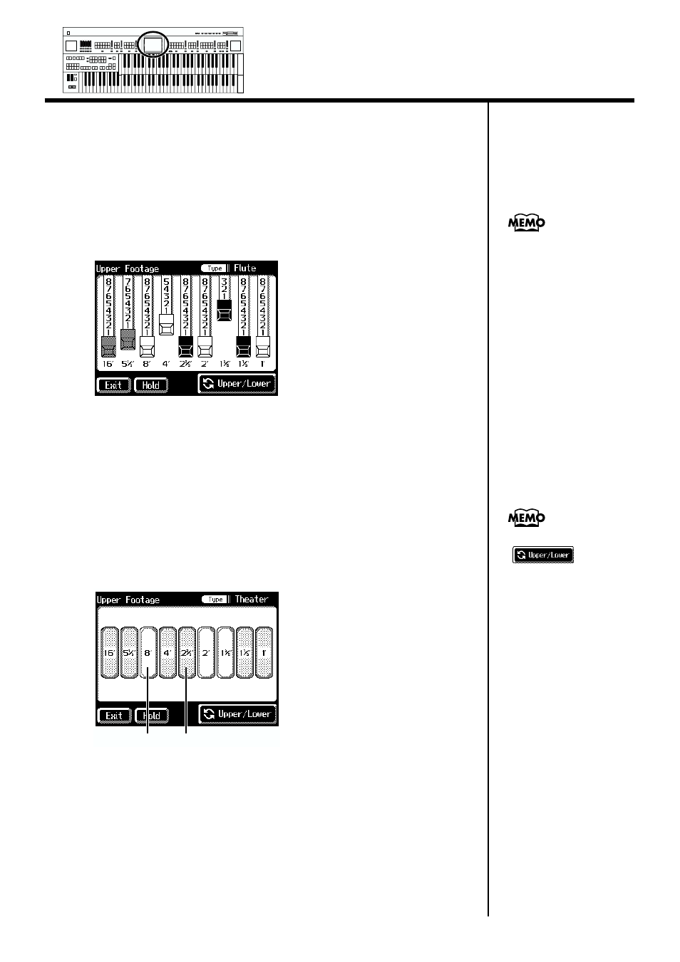 47 chapter 1 selecting and playing sounds, Footage screen when the footage type is “flute, When the footage type is “pipe” or “theater | Roland AT90S User Manual | Page 49 / 236