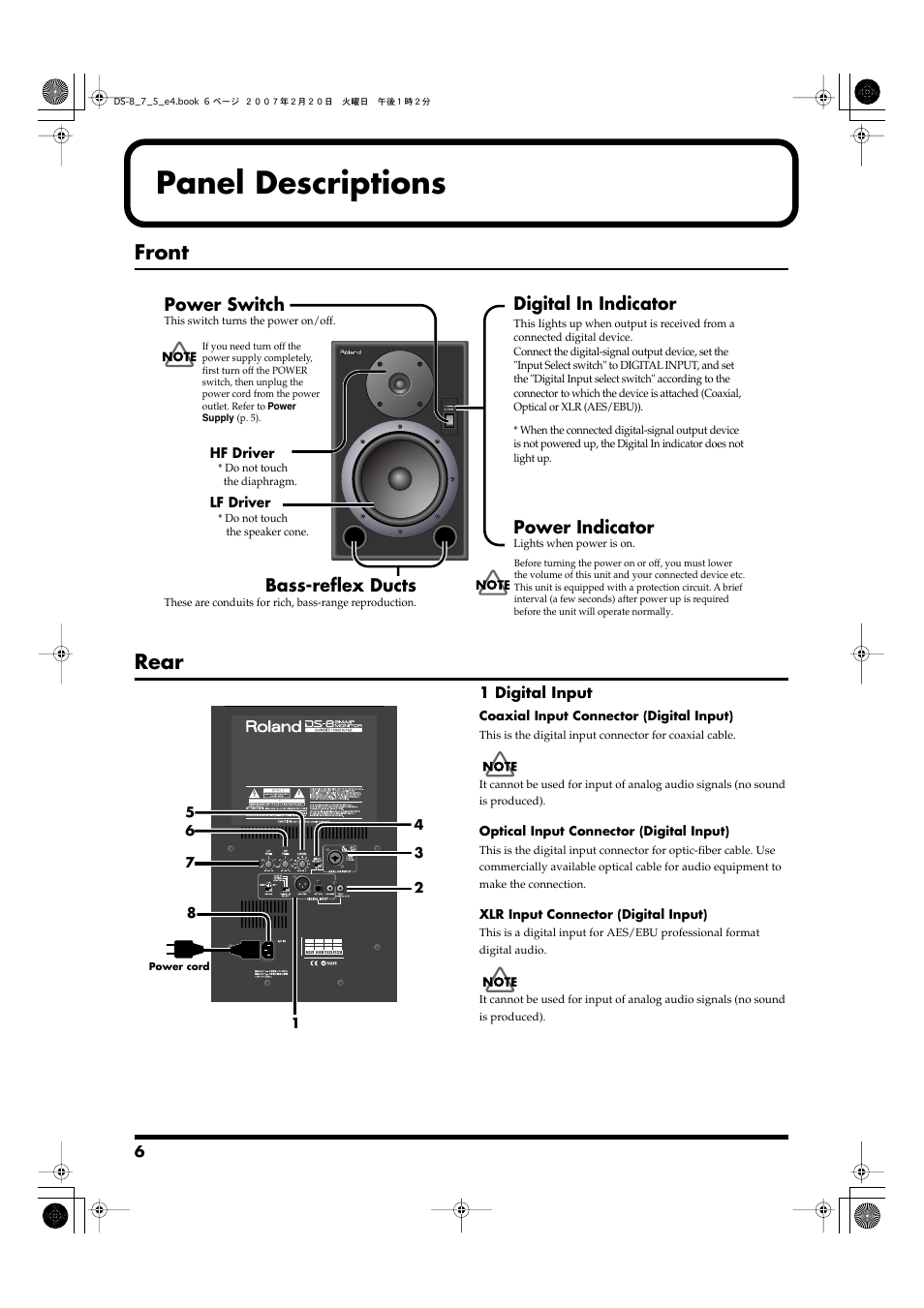 Panel descriptions, Front, Rear | Bass-reflex ducts, Power switch, Power indicator, Digital in indicator | Roland DS-5 User Manual | Page 6 / 12