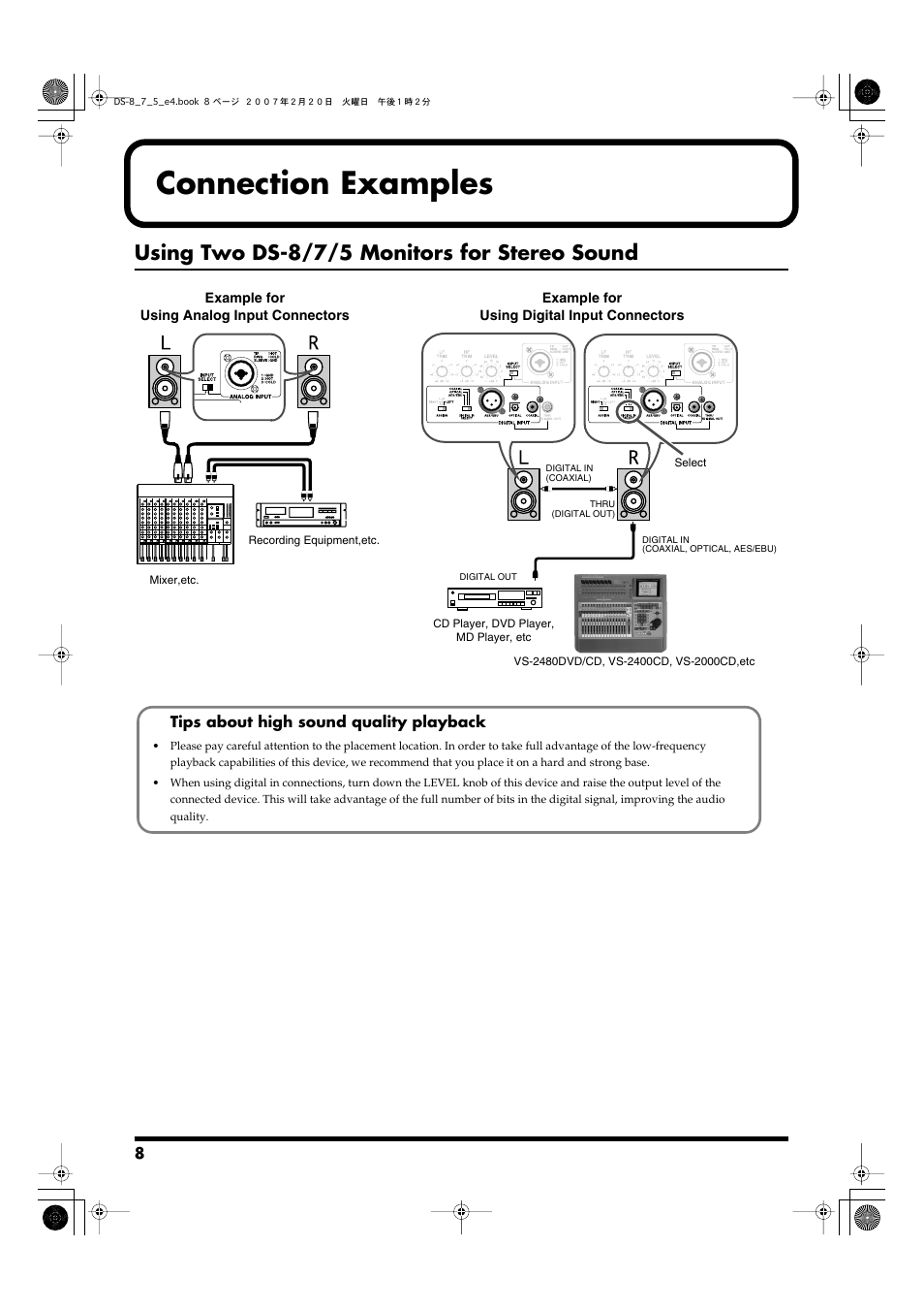 Connection examples, Using two ds-8/7/5 monitors for stereo sound | Roland DS-5 User Manual | Page 8 / 12