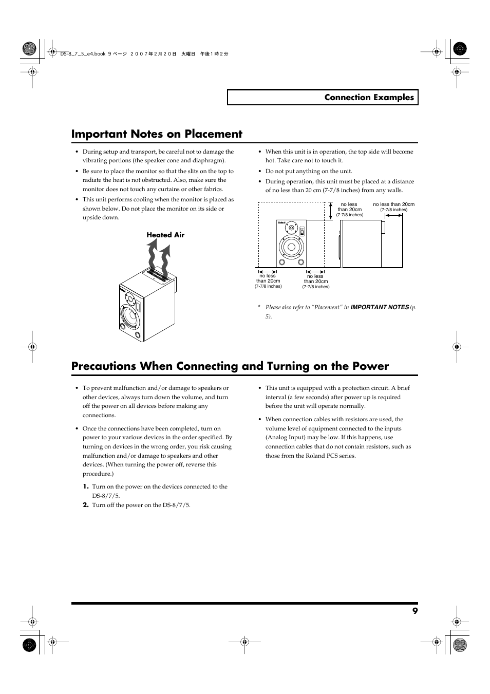 Important notes on placement, 9 connection examples | Roland DS-5 User Manual | Page 9 / 12